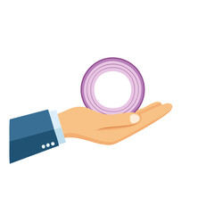 A hand presenting a sliced red onion. The hand is open, showcasing the onion slice with precision and attention to detail.