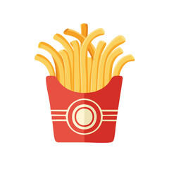 A vibrant illustration of a box filled with french fries. The fries are golden and crispy, and the box is red and inviting. The scene is mouthwatering