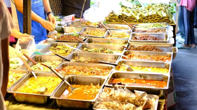 A buffet table with many different types of food. The table is crowded with people and the mood is lively