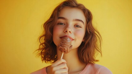 Young woman happily eating a chocolate dessert with a smile on her face.