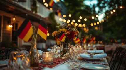 Festive outdoor dinner with german flags and warm lighting ambiance