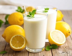 Creamy lemon drink in glasses surrounded by fresh lemons