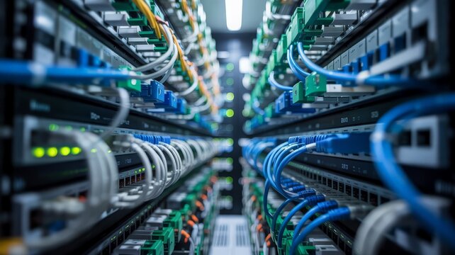 Close-up of network switch and ethernet cables in a data center rack