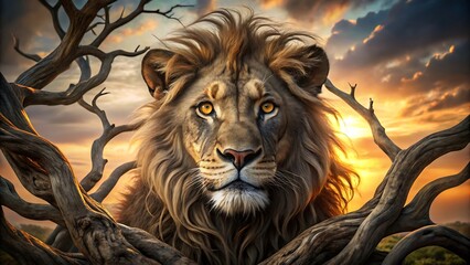 A powerful lion with a magnificent mane stares intensely through tree branches at sunset