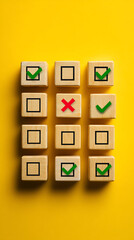 Wooden cubes with green checkmarks and red cross on yellow background decision choice