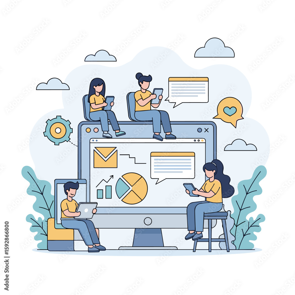 Poster group of diverse individuals using tablets and laptops, interacting with a large computer screen dis