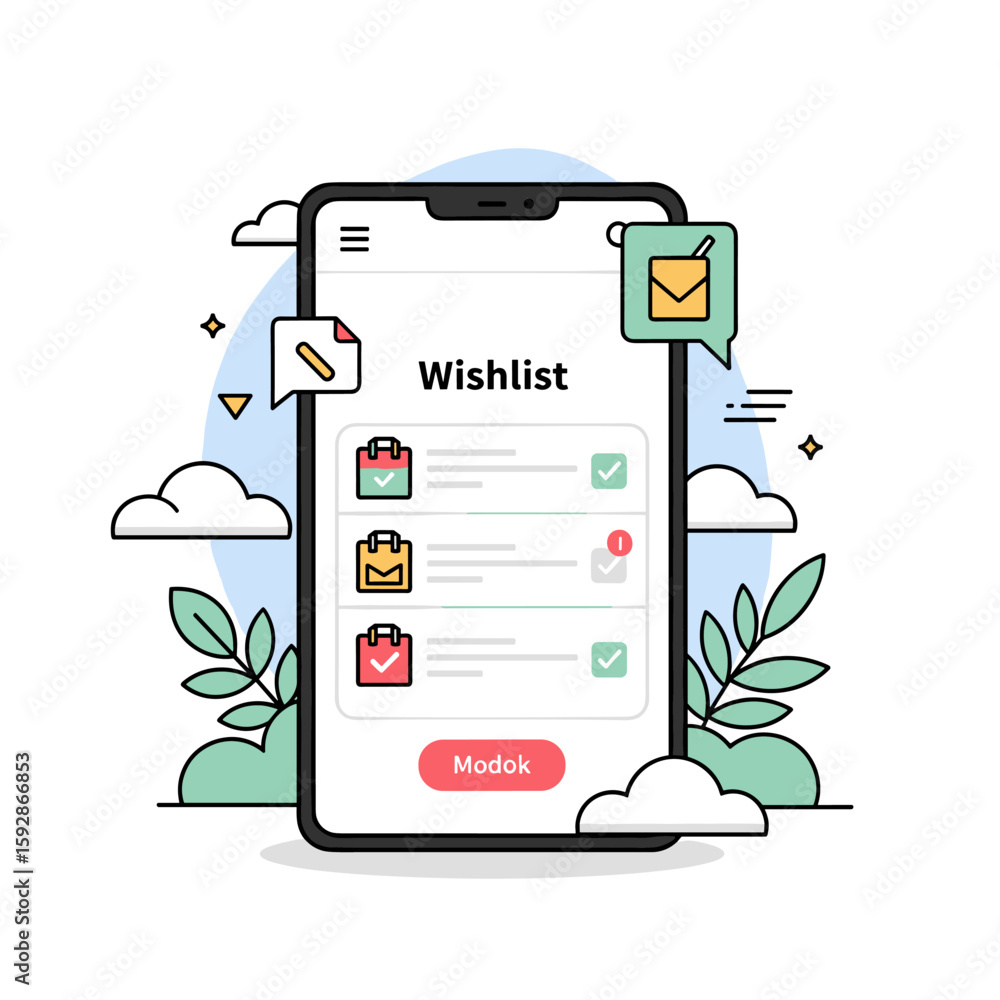 Poster modern flat illustration of a smartphone displaying a wishlist interface with shopping bag icons, cl