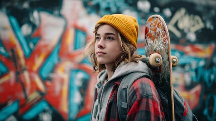 Teen caucasian female skateboarder in urban setting