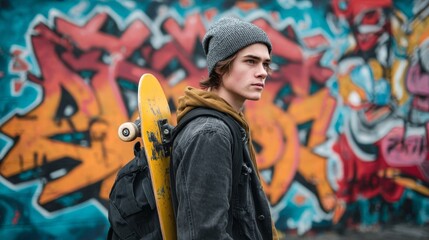 Young caucasian male skateboarder in urban graffiti setting