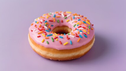 Pink frosted donut with sprinkles on purple background, appetizing