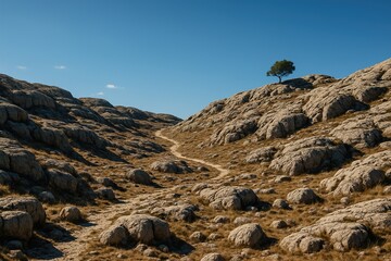 A vast landscape of rugged stony hills stretching under a bright blue sky