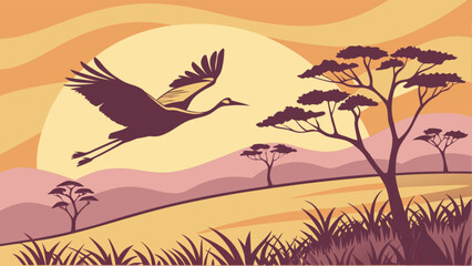 Vector african landscape illustration with flying crane bird at sunset savanna wildlife scene 100