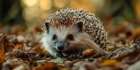 Fototapeta premium Close-up of a hedgehog with spiky fur surrounded by autumn leaves, highlighting the natural beauty and charm of this small wildlife species.