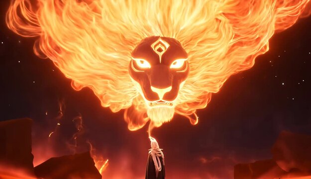A man standing in front of a mythical fire lion god in the sky in a desert land with large boulders