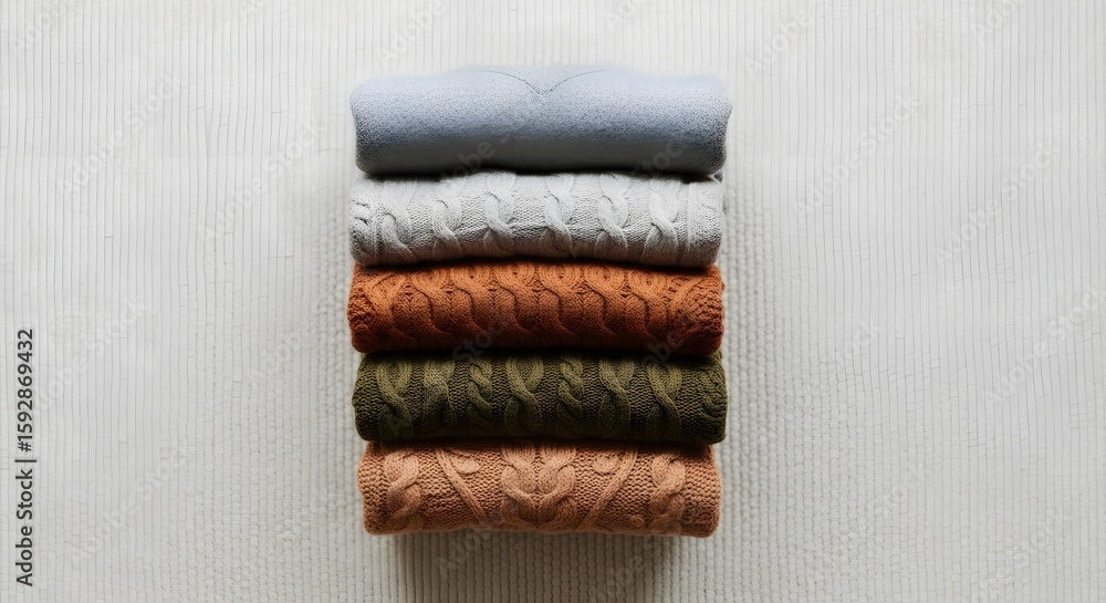 Aufkleber stack of various colored textured fabric rolls on a textured white wooden surface. top-down shot sho