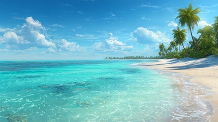 Fototapeta premium Serene tropical beach with clear blue waters and palm trees in a sunny island paradise