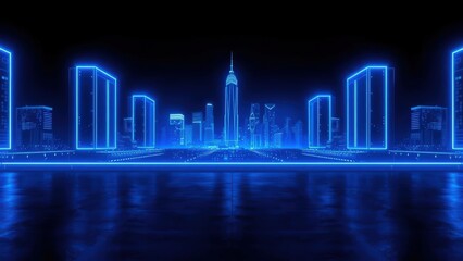 Futuristic blue neon cityscape featuring tall buildings.