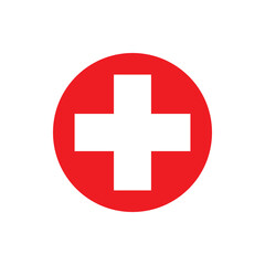 Fototapeta premium Red circle with white medical plus sign vector icon isolated on white background. First aid emergency symbol for healthcare, hospital, pharmacy, clinic