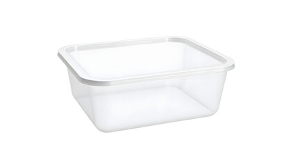 A clear square plastic food storage container with a white lid isolated on white isolated on transparent background