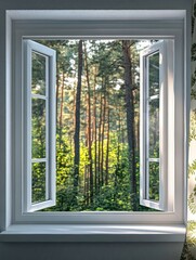Window view into the woods on a sunny day with natural light pouring in.