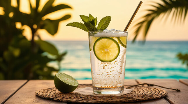 Nam Manao (Thai Lime Soda)
A refreshing glass of sparkling lime soda with floating lime slices and mint, photographed in golden evening light with sea or greenery in the background.