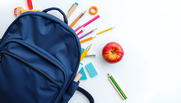 A blue backpack lies on a white surface surrounded by colorful pencils, pens, and a red apple, offering a fresh start for education and learning. - Powered by Adobe