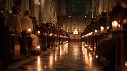 Candlelit church service in gothic cathedral with diverse congregation