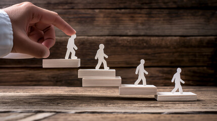 A helping hand guides small figures up a set of wooden steps symbolizing career advancement and personal growth