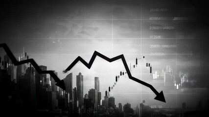 Financial graph overlayed on city skyline during stormy weather showing market crash and recovery footage - Powered by Adobe