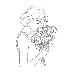 Woman holding roses in a delicate line art design for greeting cards