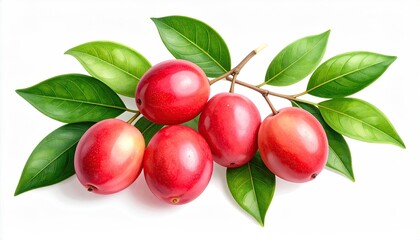 Close-up of vibrant red berries on a branch with lush green leaves
