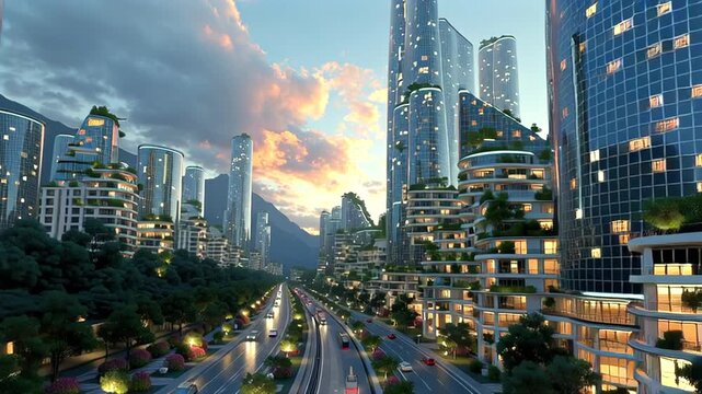 Sustainable metropolis gleaming with eco friendly skyscrapers, electric vehicles traveling multilane highway under golden sunset light