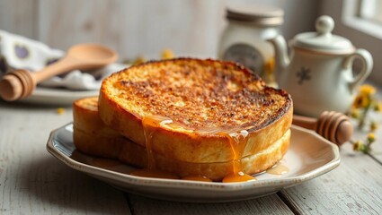 milk toast rustic comfort food top-down simple meal breakfast copy space warm colors morning buttered bread
