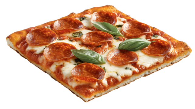 A square slice of pepperoni pizza with cheese and basil isolated on white isolated on transparent background
