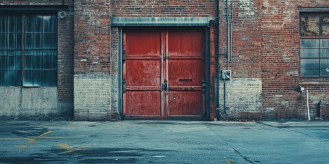 The large red doors of a factory or industrial building, closed shut and surrounded by an urban setting.