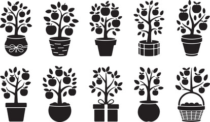 Apple Tree Icons in Pots and Baskets Set