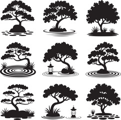 Bonsai Tree with Pond and Lantern Icons Set
