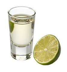 Tequila shot with lime slice isolated  on  white background perfect for  cocktail garnish