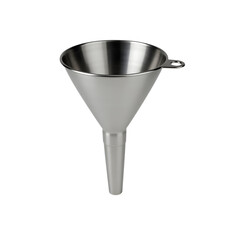A shiny stainless steel funnel with a handle, isolated on a transparent background