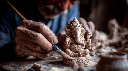 Mature caucasian male crafting detailed clay ganesha statue with focused precision