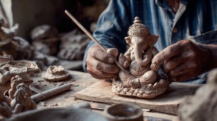 Caucasian elderly male sculptor crafting intricate clay sculpture of hindu elephant deity in workshop