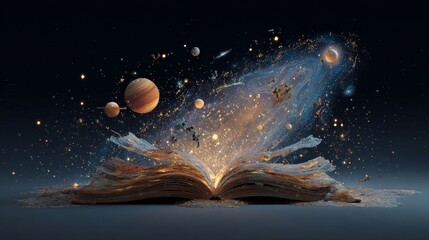 Open book transforming into cosmic galaxy with planets and stars emanating from its pages