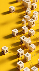 Naklejka premium Wooden blocks with people icons connected by lines on yellow background network technology