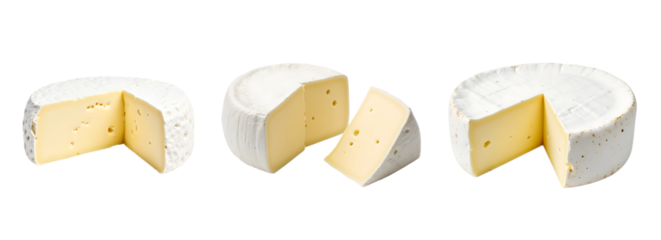 Three wheels of soft white cheese, one cut into wedges, isolated on a transparent background