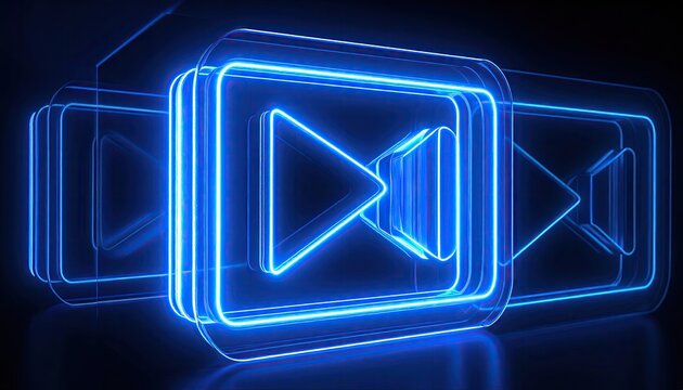 Neon glowing play button icons in layered glass boxes - Powered by Adobe