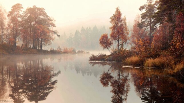 Serene autumn landscape with misty lake and reflective trees