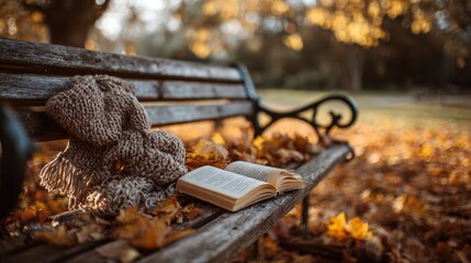 Autumn serenity on park bench with cozy knit scarf and open book amidst fallen leaves
