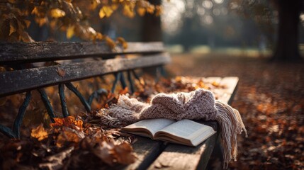 Cozy autumn scene with open book and scarf on park bench amid falling leaves