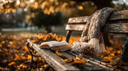 Cozy autumn scene with open book and scarf on park bench amidst fallen leaves