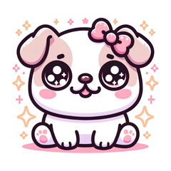 Cute puppy illustration: A delightful and enchanting cartoon illustration of a puppy, exuding charm with its big, expressive eyes and a charming pink bow, set against a backdrop of glittering stars.